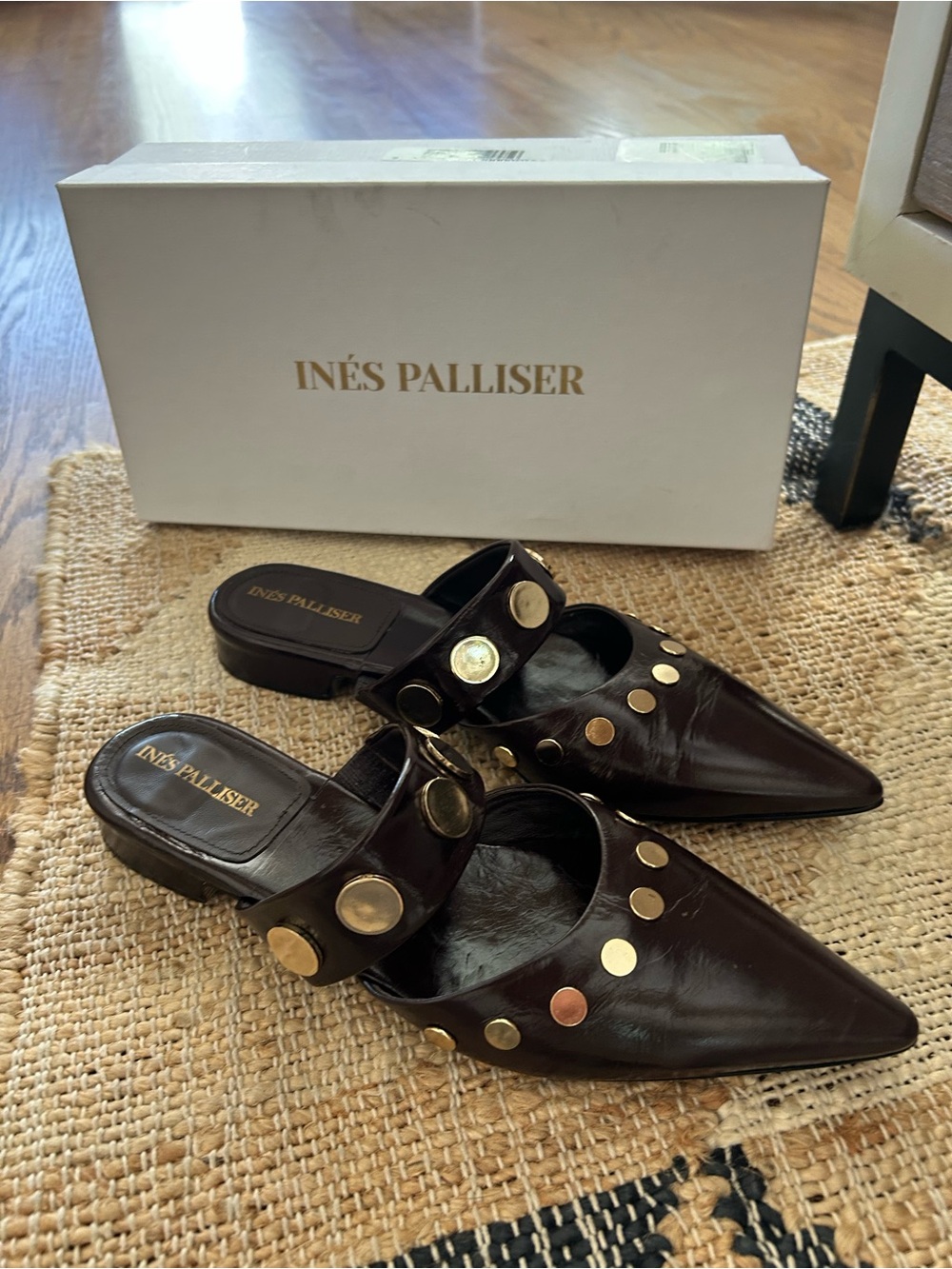 Ines Palliaer - Pointed Leather Mule with Gold Studs - Dark Brown